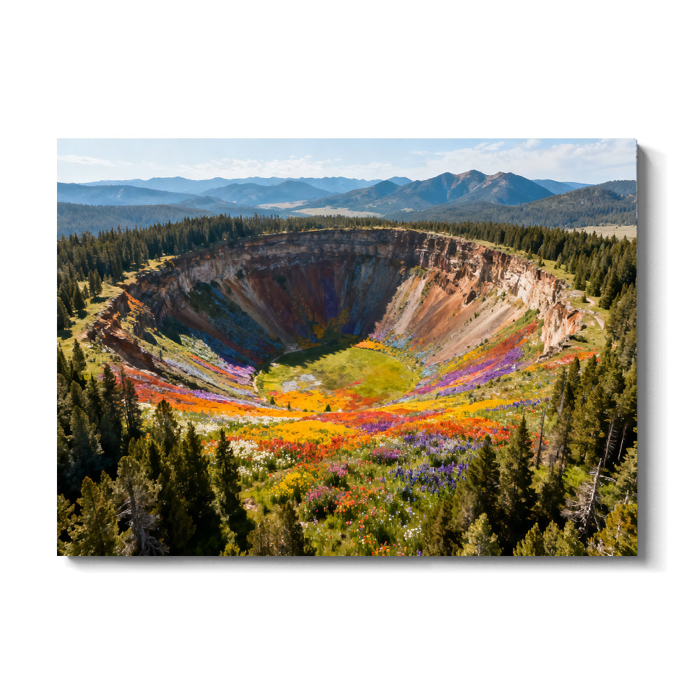Colorful Crater Basin canvas wall art, front view on a white background.