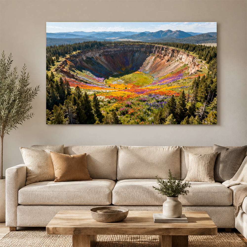 Colorful Crater Basin canvas wall art, living room mockup above a sofa.