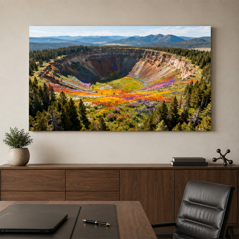 Colorful Crater Basin canvas wall art, office mockup above a desk.