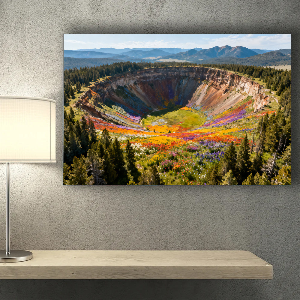 Colorful Crater Basin canvas wall art, wall mockup above a console.