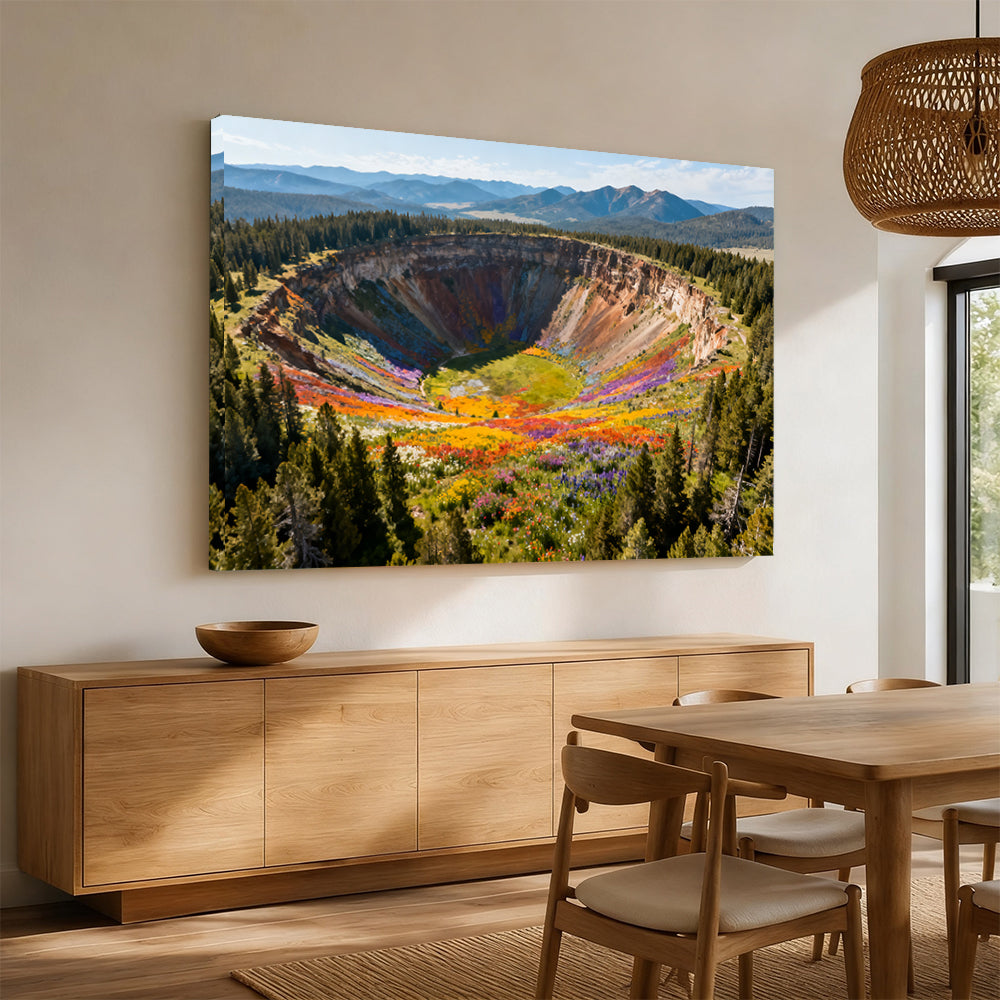 Colorful Crater Basin canvas wall art, angled mockup above a sideboard.