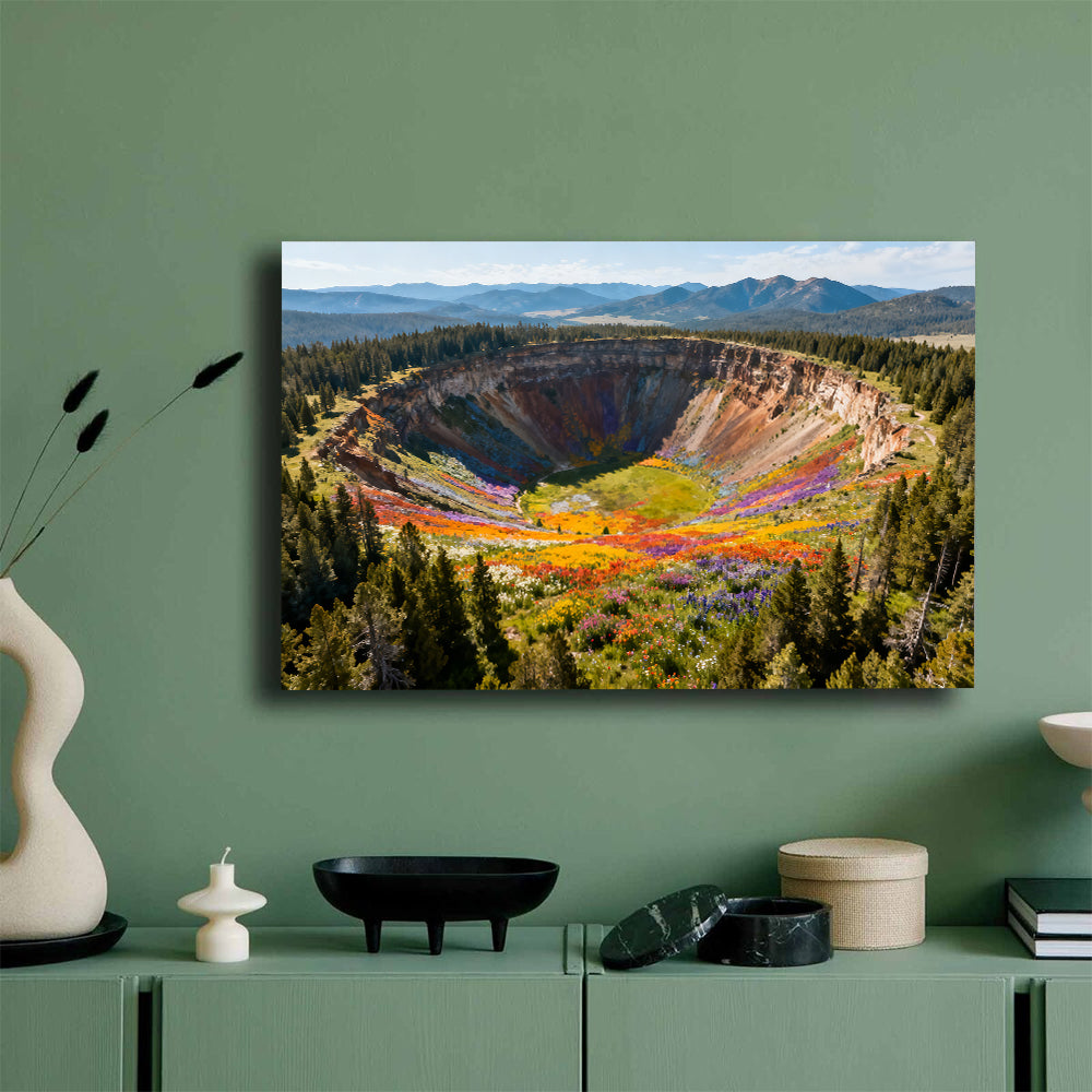 Colorful Crater Basin canvas wall art, mockup on a green wall.