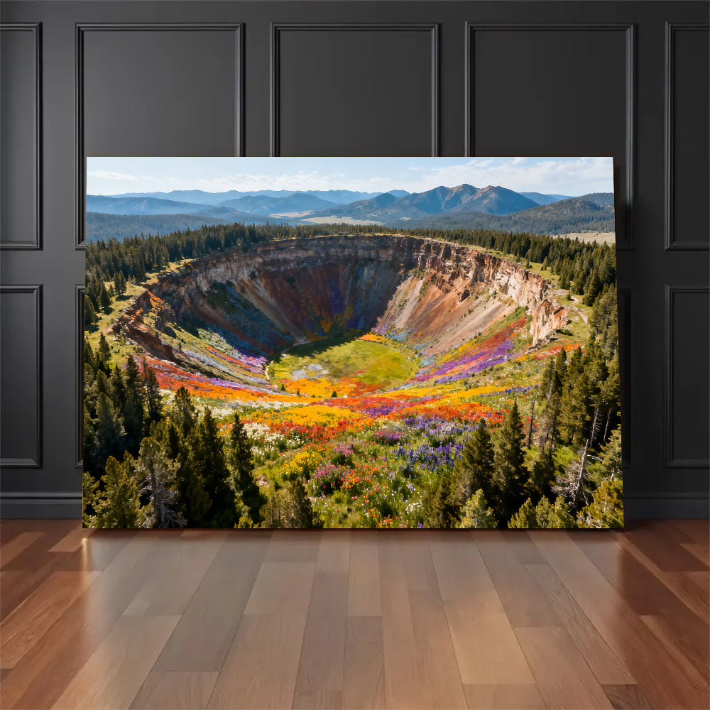 Colorful Crater Basin canvas wall art, floor display against a dark wall.