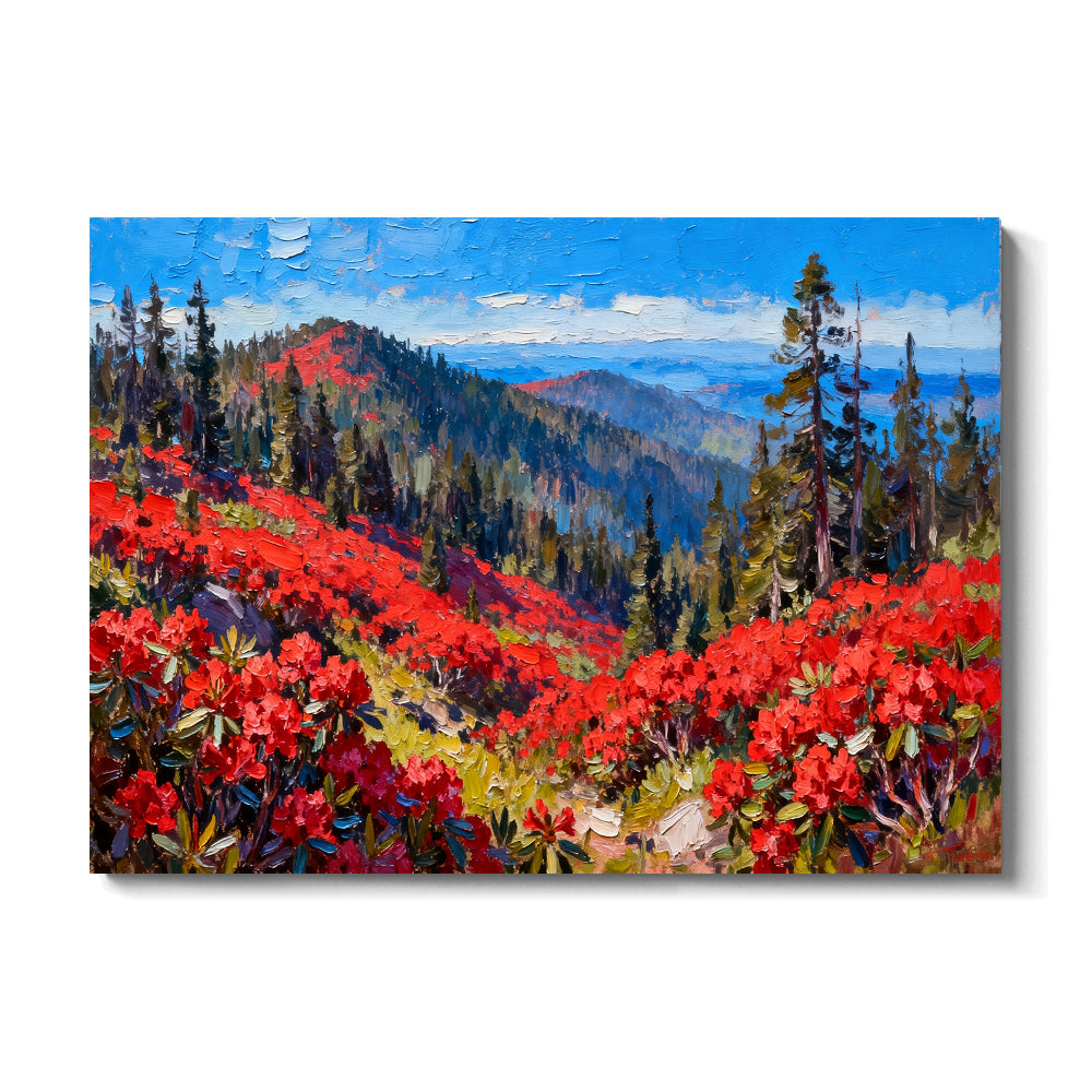 Scarlet Alpine Meadow canvas wall art, front view on a white background.