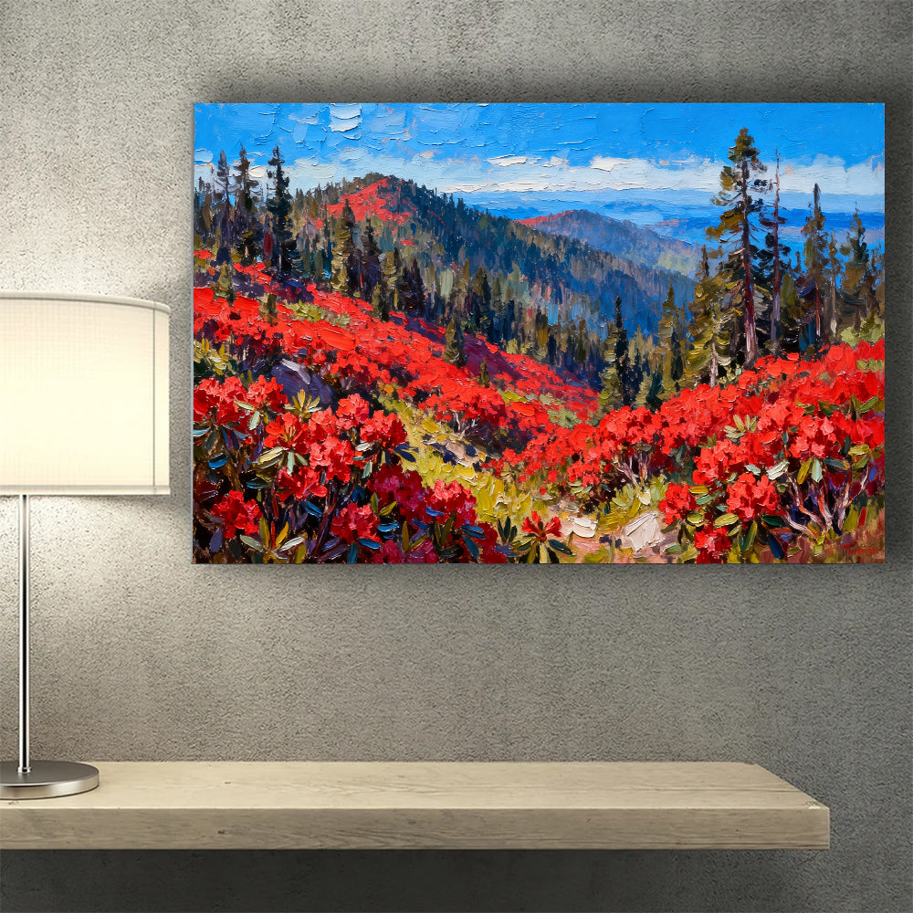 Scarlet Alpine Meadow canvas wall art, wall mockup above a console.