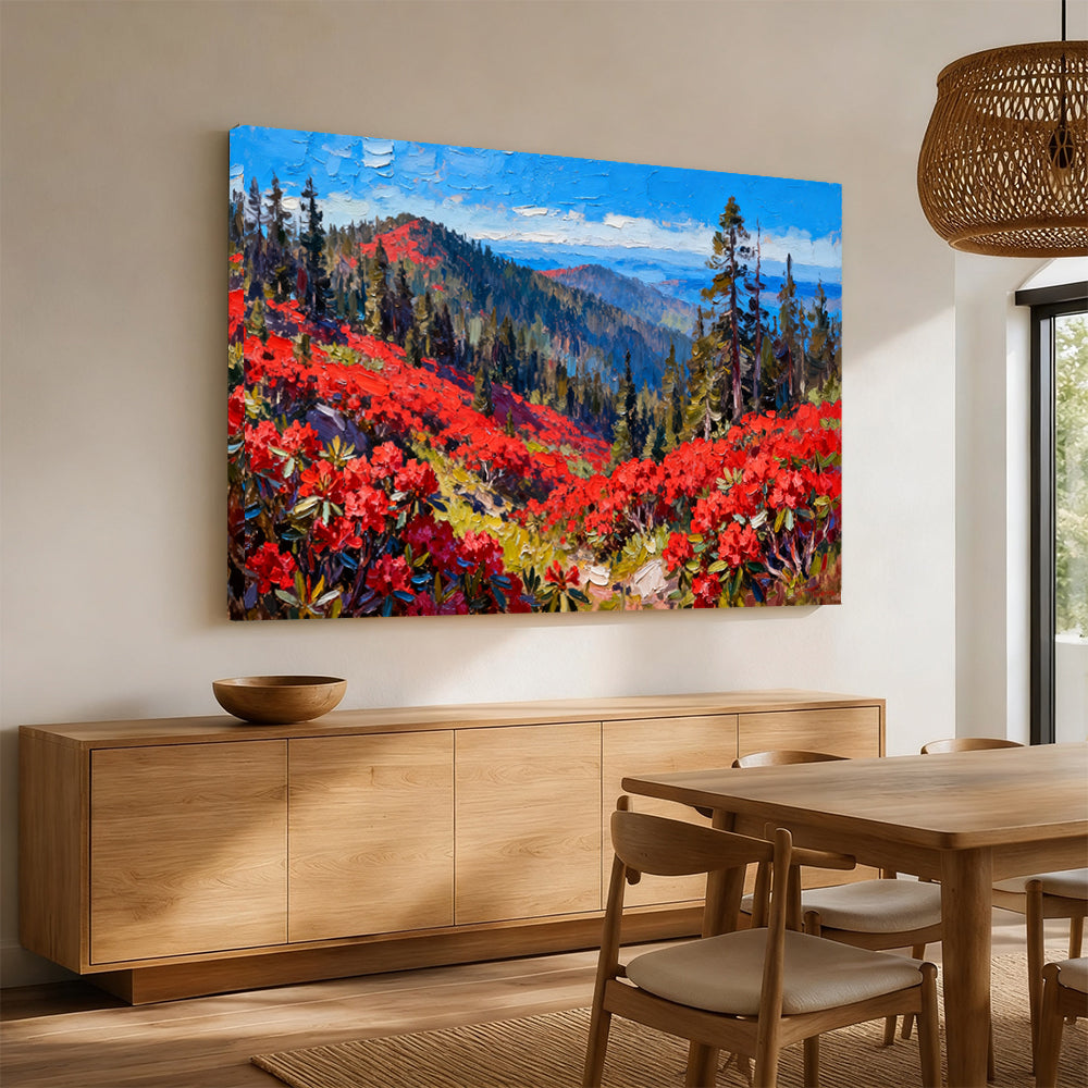 Scarlet Alpine Meadow canvas wall art, angled mockup above a sideboard.