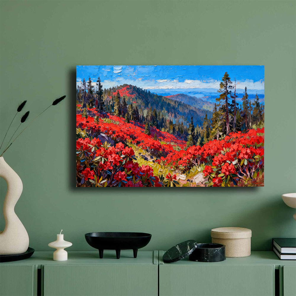 Scarlet Alpine Meadow canvas wall art, mockup on a green wall.