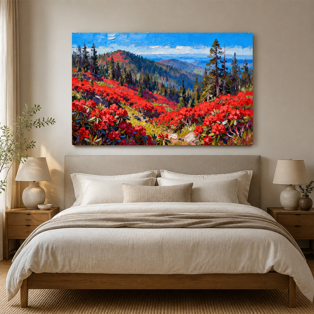 Scarlet Alpine Meadow canvas wall art, bedroom mockup above a bed.