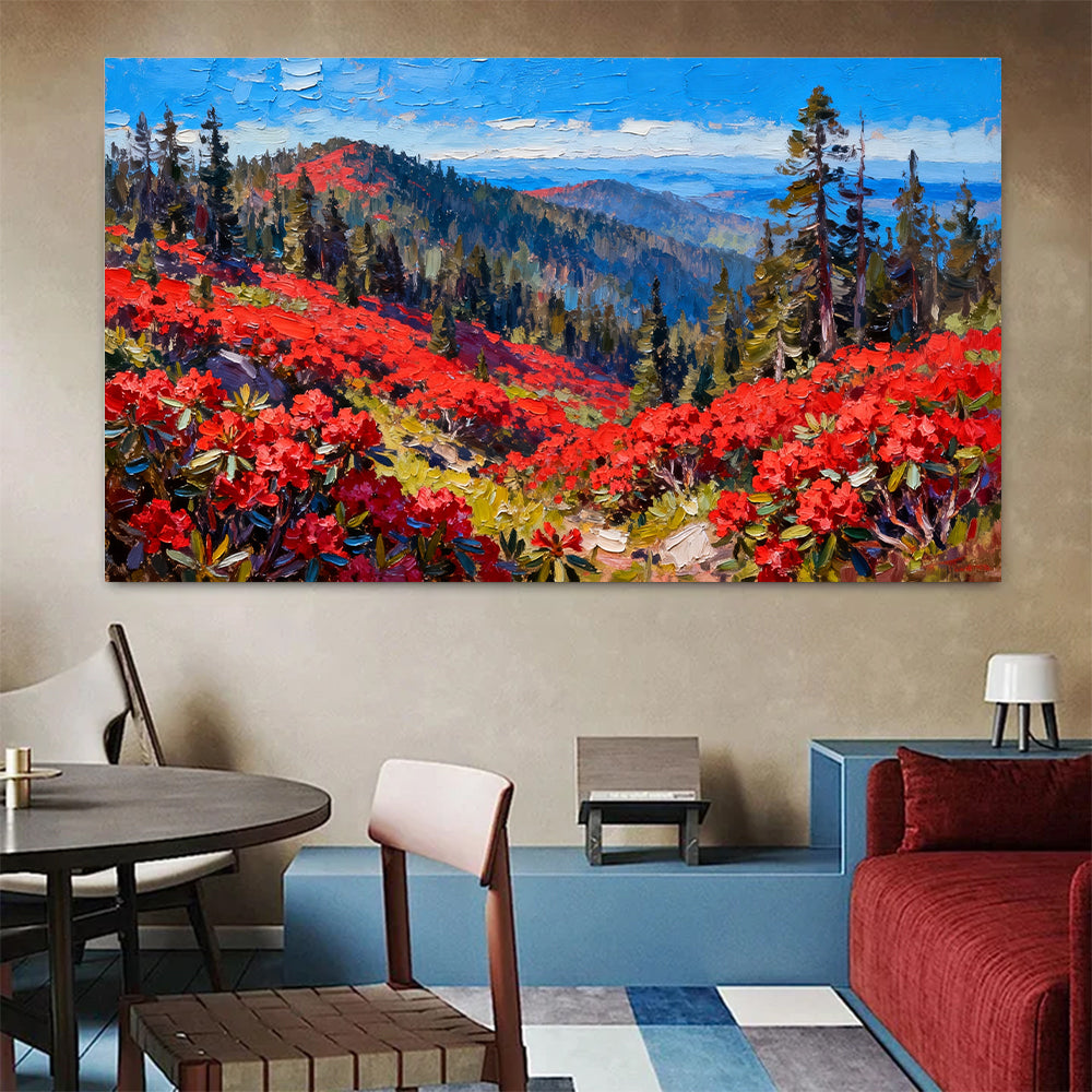 Scarlet Alpine Meadow canvas wall art, colorful room mockup.
