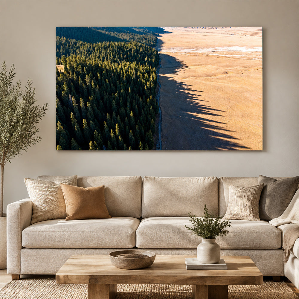 Forest Meets Sand canvas wall art, living room mockup above a sofa.
