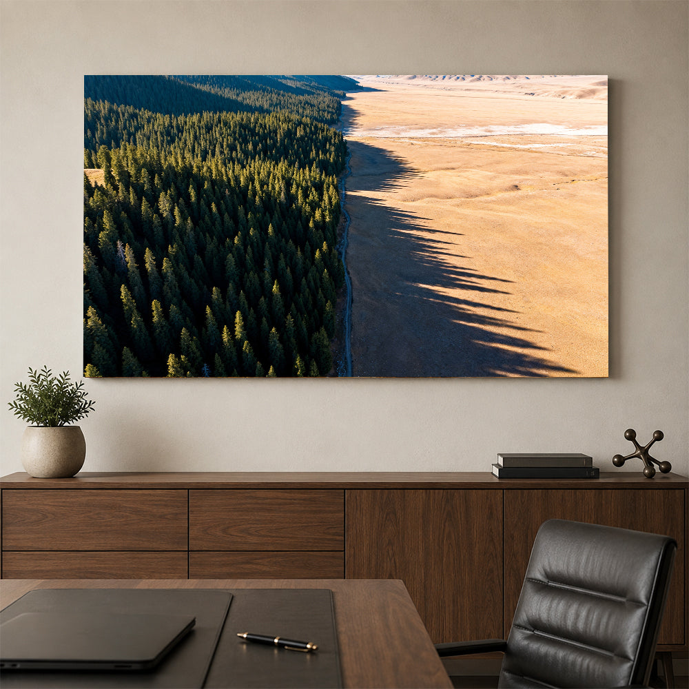 Forest Meets Sand canvas wall art, office mockup above a desk.