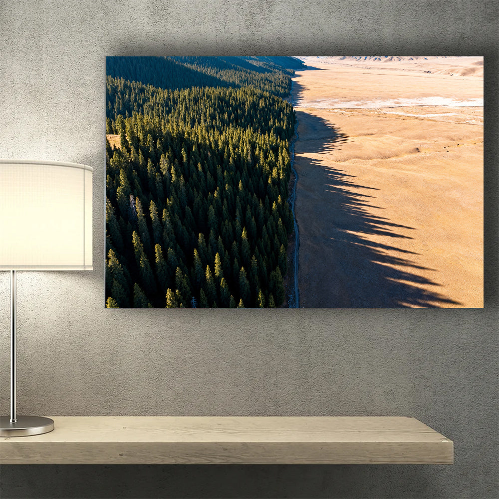 Forest Meets Sand canvas wall art, wall mockup above a console.
