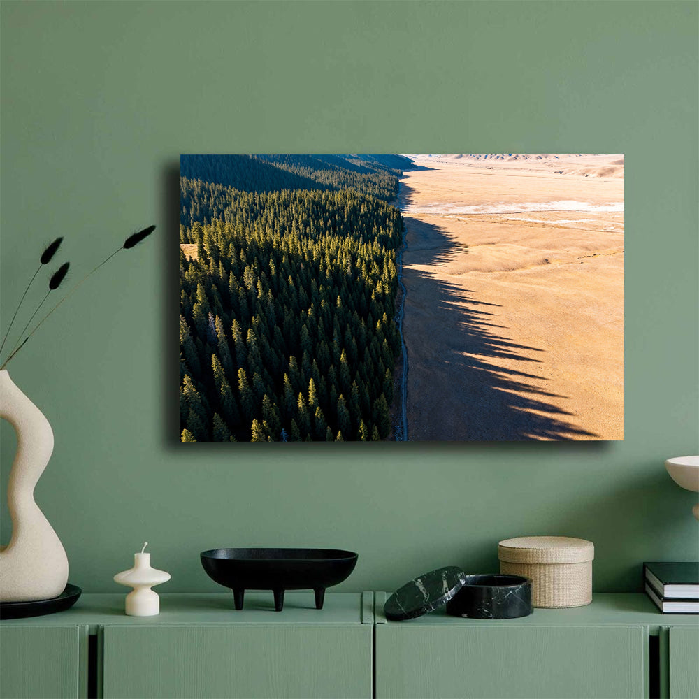 Forest Meets Sand canvas wall art, mockup on a green wall.