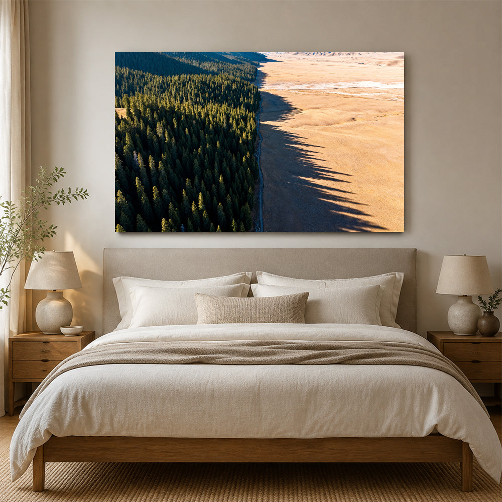 Forest Meets Sand canvas wall art, bedroom mockup above a bed.