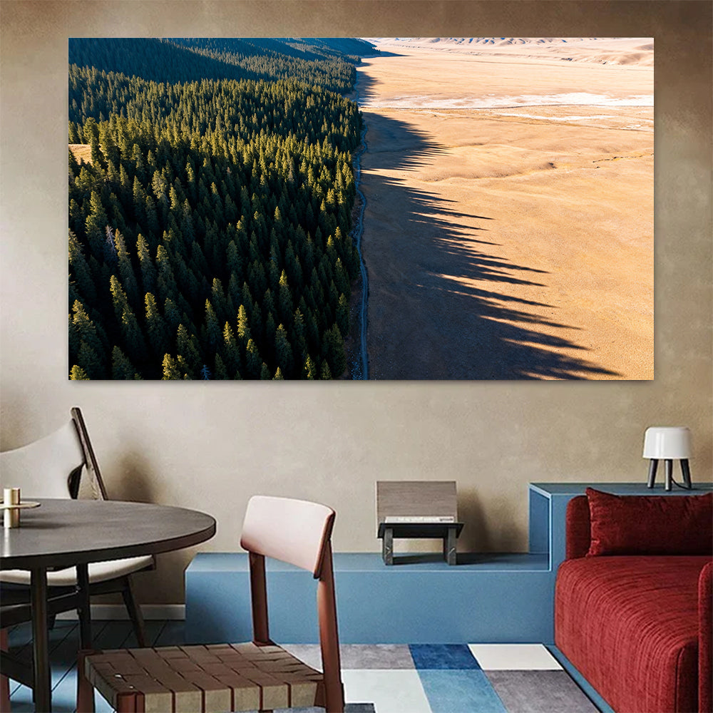 Forest Meets Sand canvas wall art, colorful room mockup.