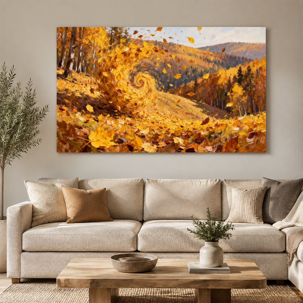 Swirling Autumn Leaves canvas wall art, living room mockup above a sofa.