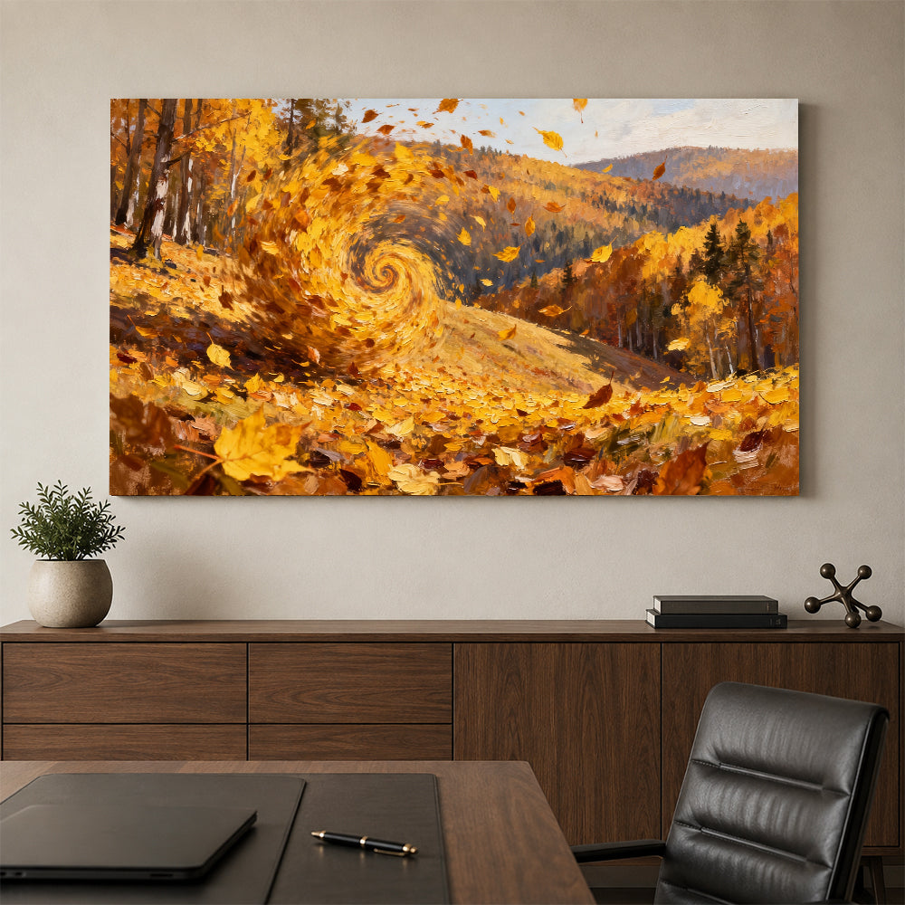 Swirling Autumn Leaves canvas wall art, office mockup above a desk.