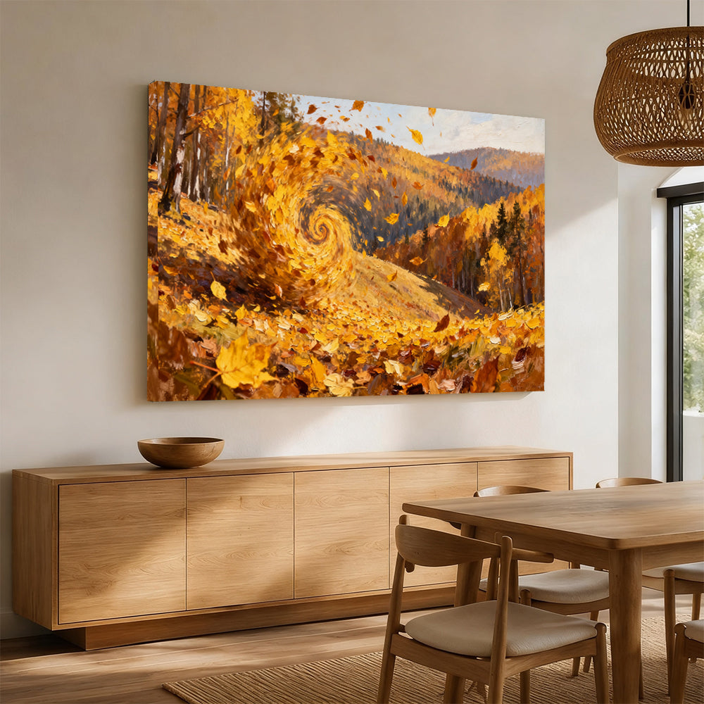 Swirling Autumn Leaves canvas wall art, angled mockup above a sideboard.