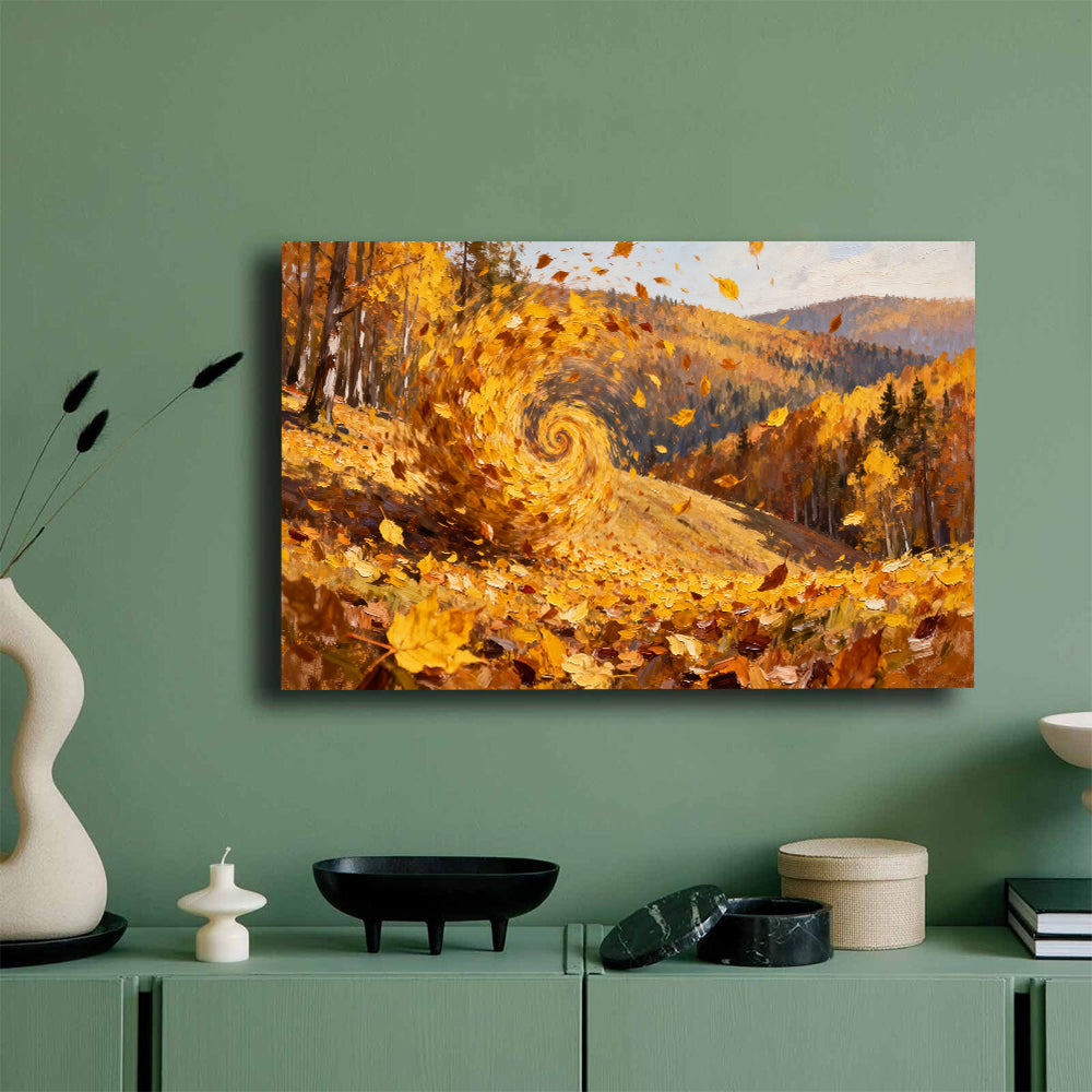 Swirling Autumn Leaves canvas wall art, mockup on a green wall.