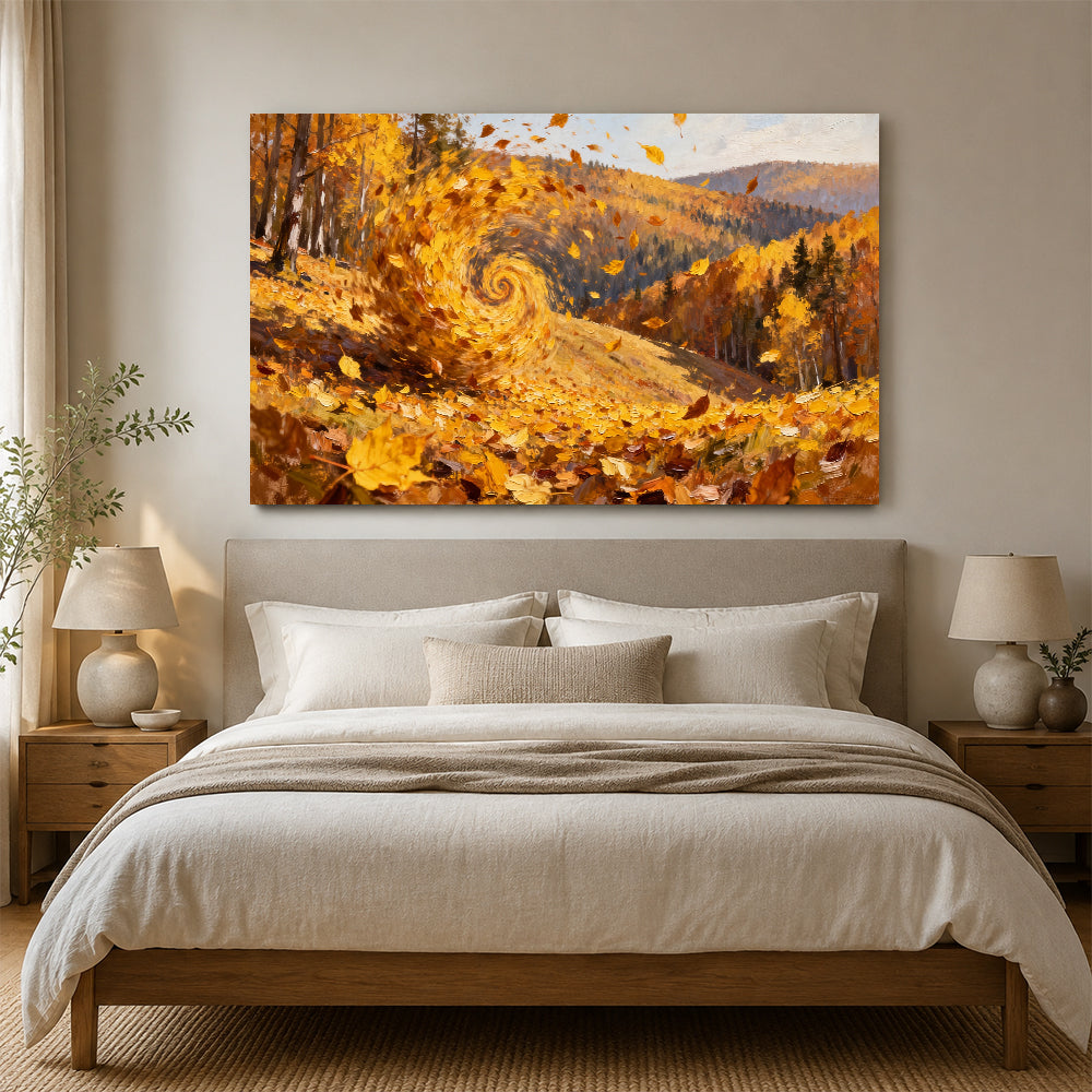 Swirling Autumn Leaves canvas wall art, bedroom mockup above a bed.