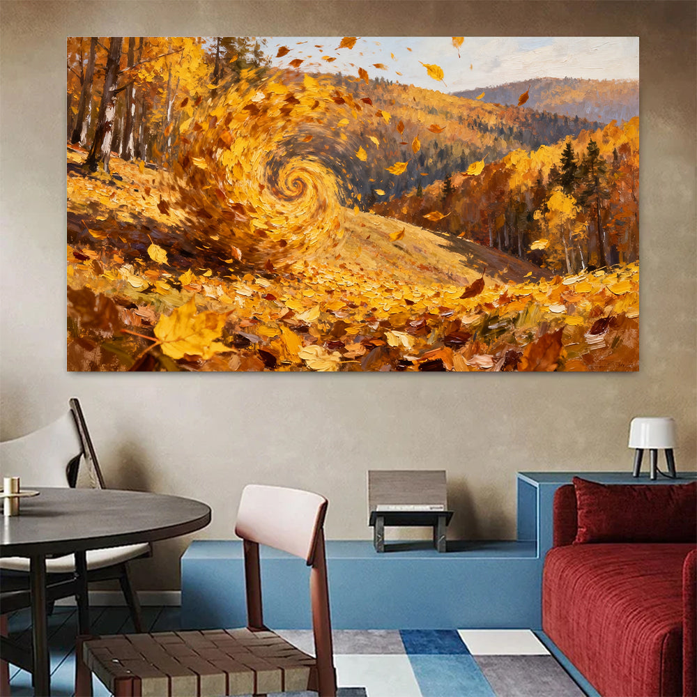 Swirling Autumn Leaves canvas wall art, colorful room mockup.