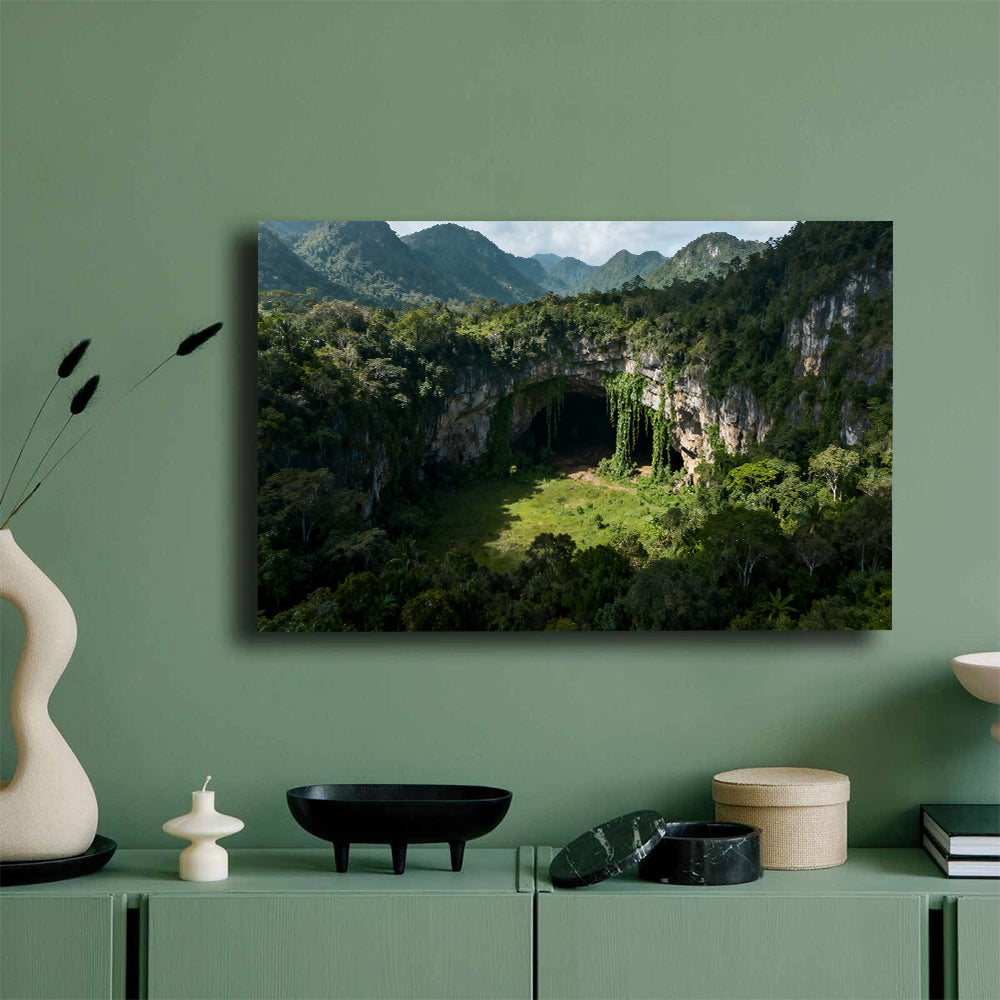 Hidden Forest Cavern canvas wall art, mockup on a green wall.