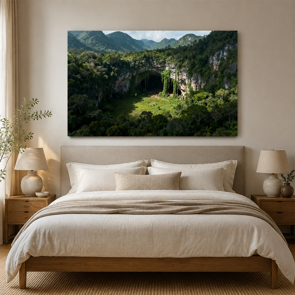 Hidden Forest Cavern canvas wall art, bedroom mockup above a bed.