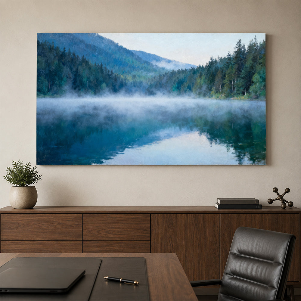 Blue Lake Morning canvas wall art, office mockup above a desk.