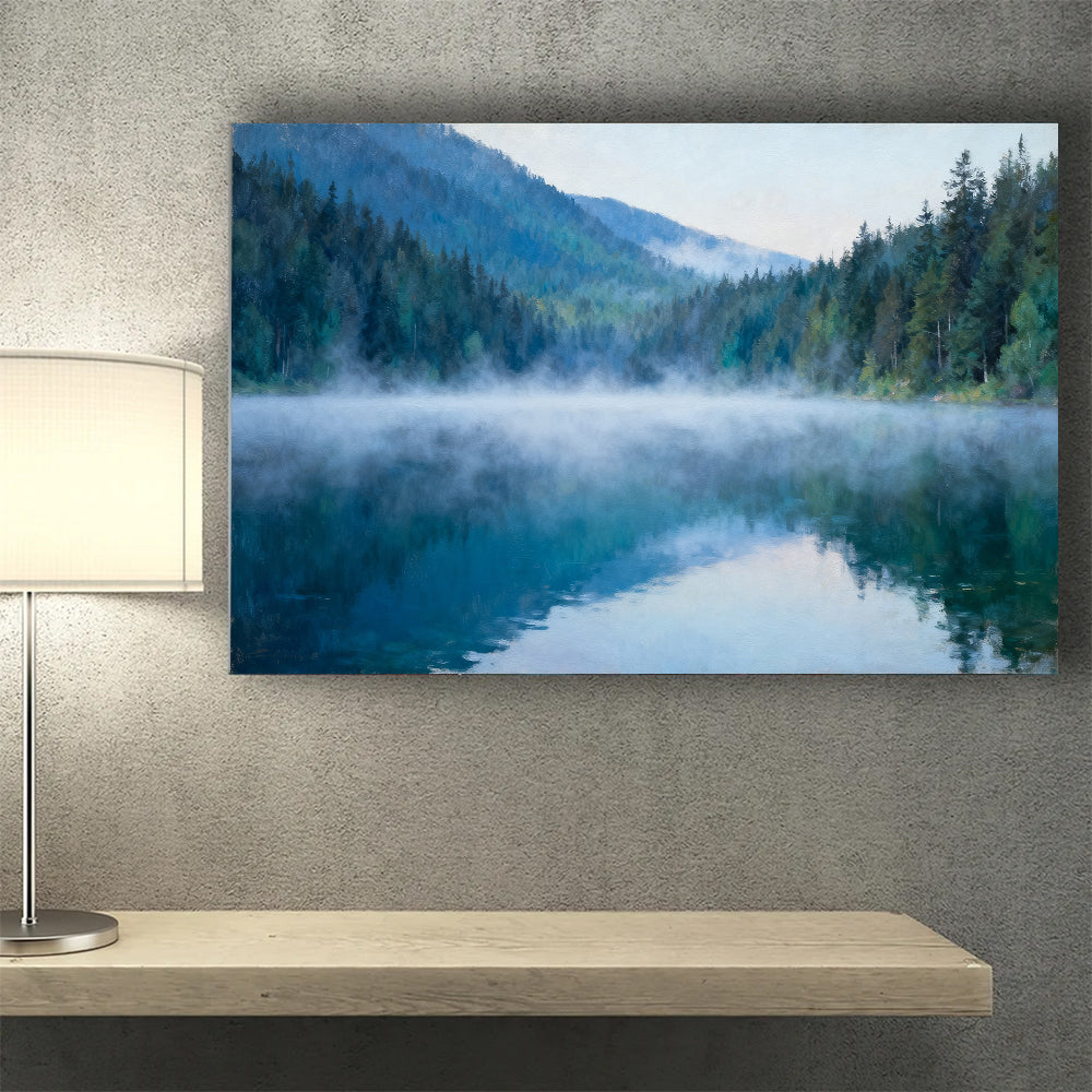 Blue Lake Morning canvas wall art, wall mockup above a console.