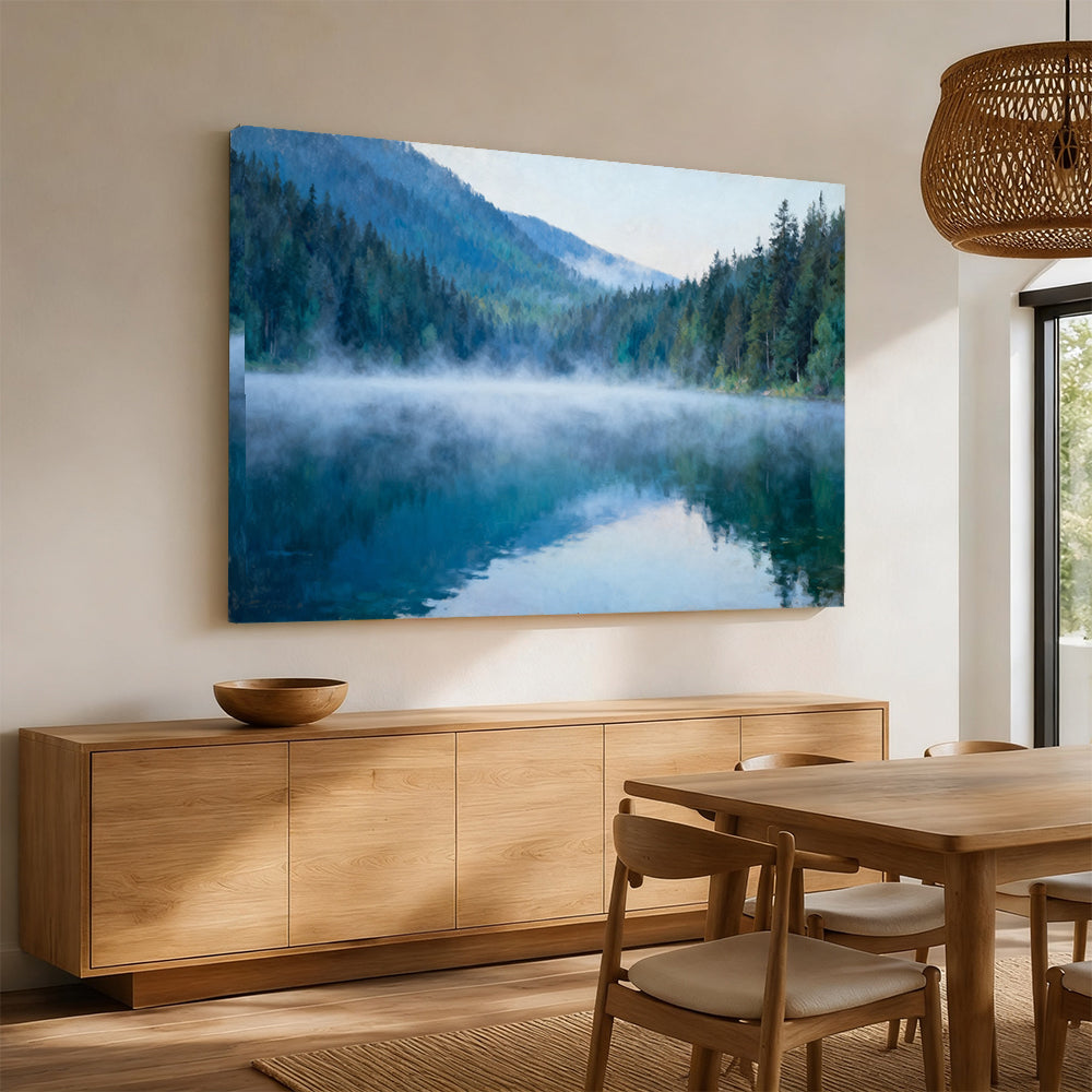 Blue Lake Morning canvas wall art, angled mockup above a sideboard.