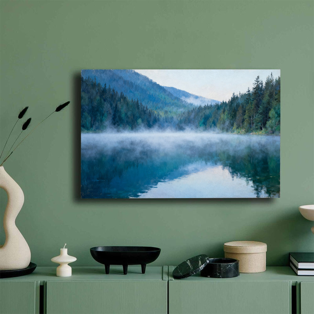 Blue Lake Morning canvas wall art, mockup on a green wall.