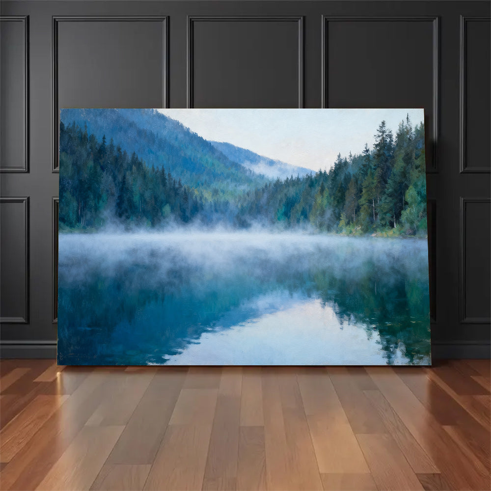 Blue Lake Morning canvas wall art, floor display against a dark wall.