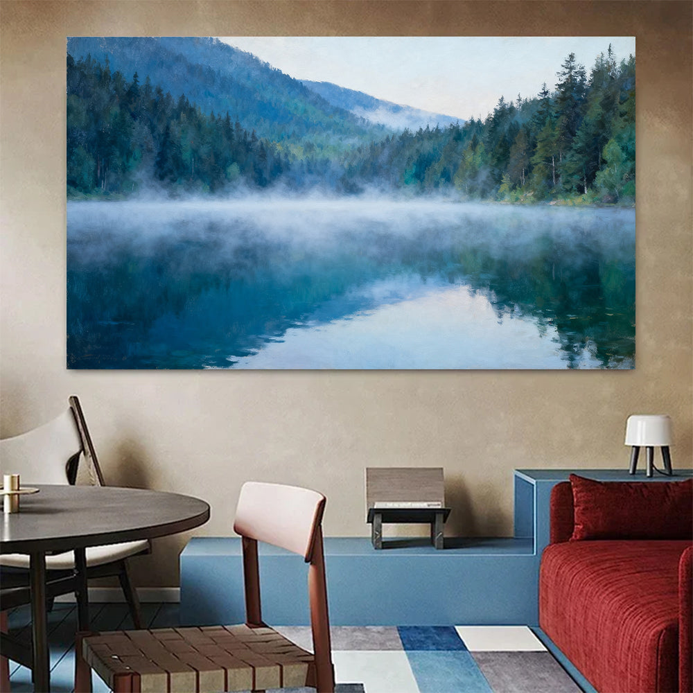 Blue Lake Morning canvas wall art, colorful room mockup.