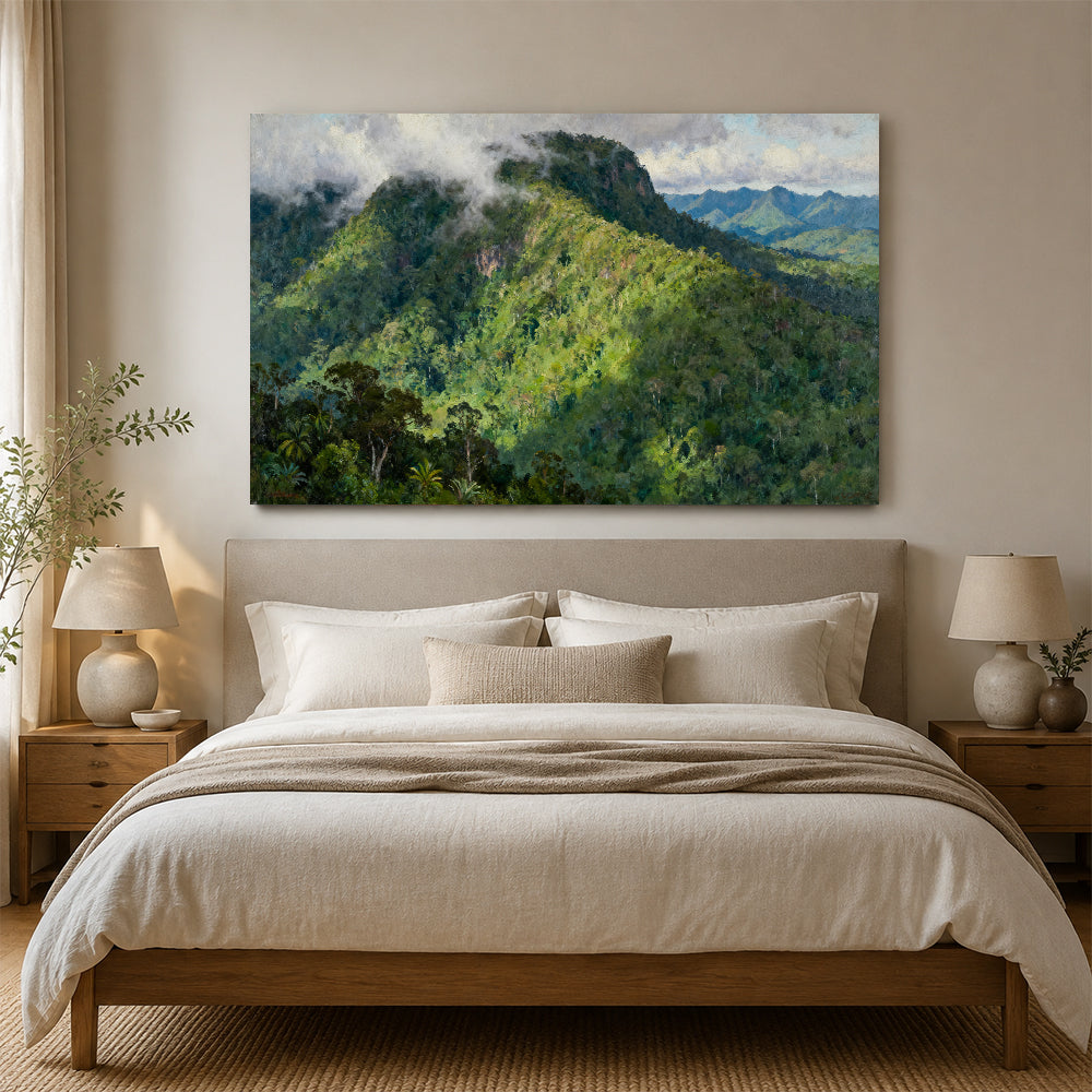 Emerald Mountain Forest canvas wall art, bedroom mockup above a bed.