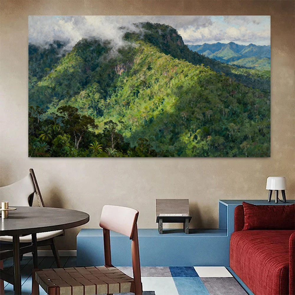 Emerald Mountain Forest canvas wall art, colorful room mockup.