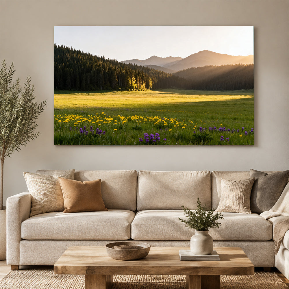 Sunlit Wildflower Clearing canvas wall art, living room mockup above a sofa.