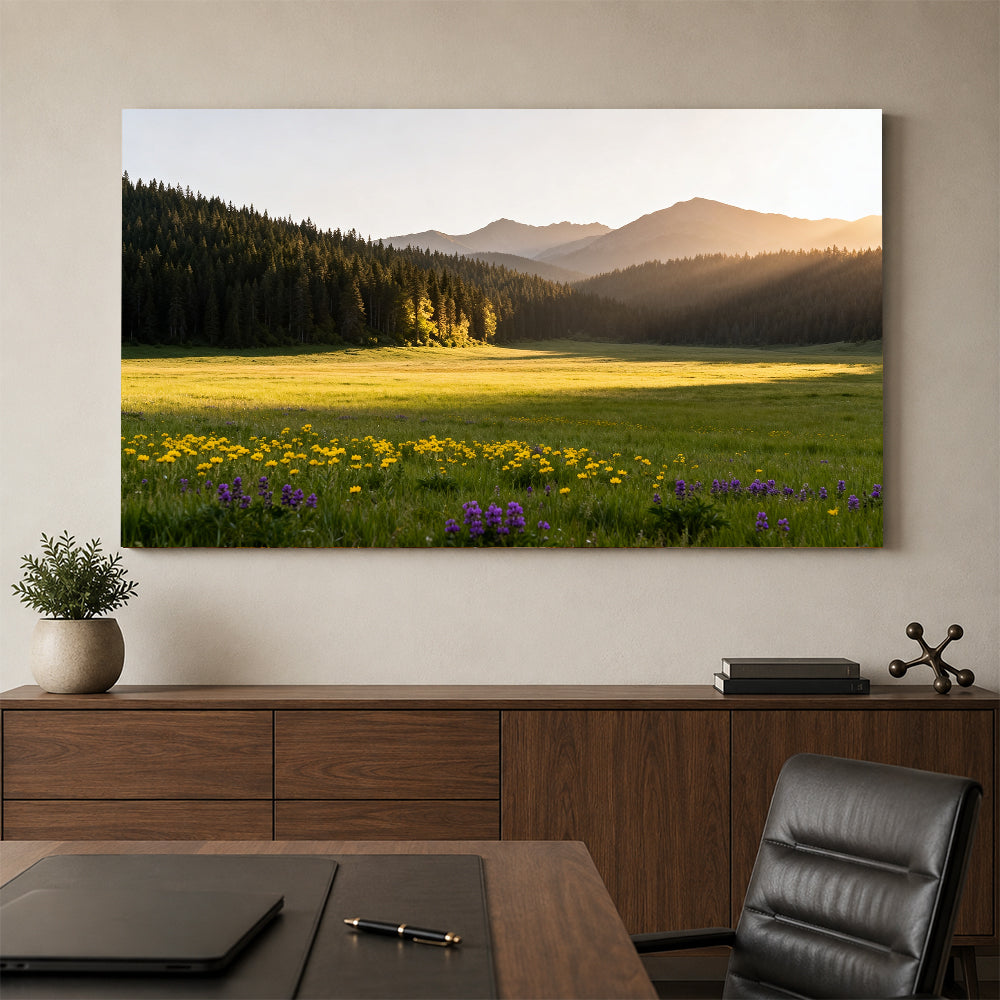Sunlit Wildflower Clearing canvas wall art, office mockup above a desk.