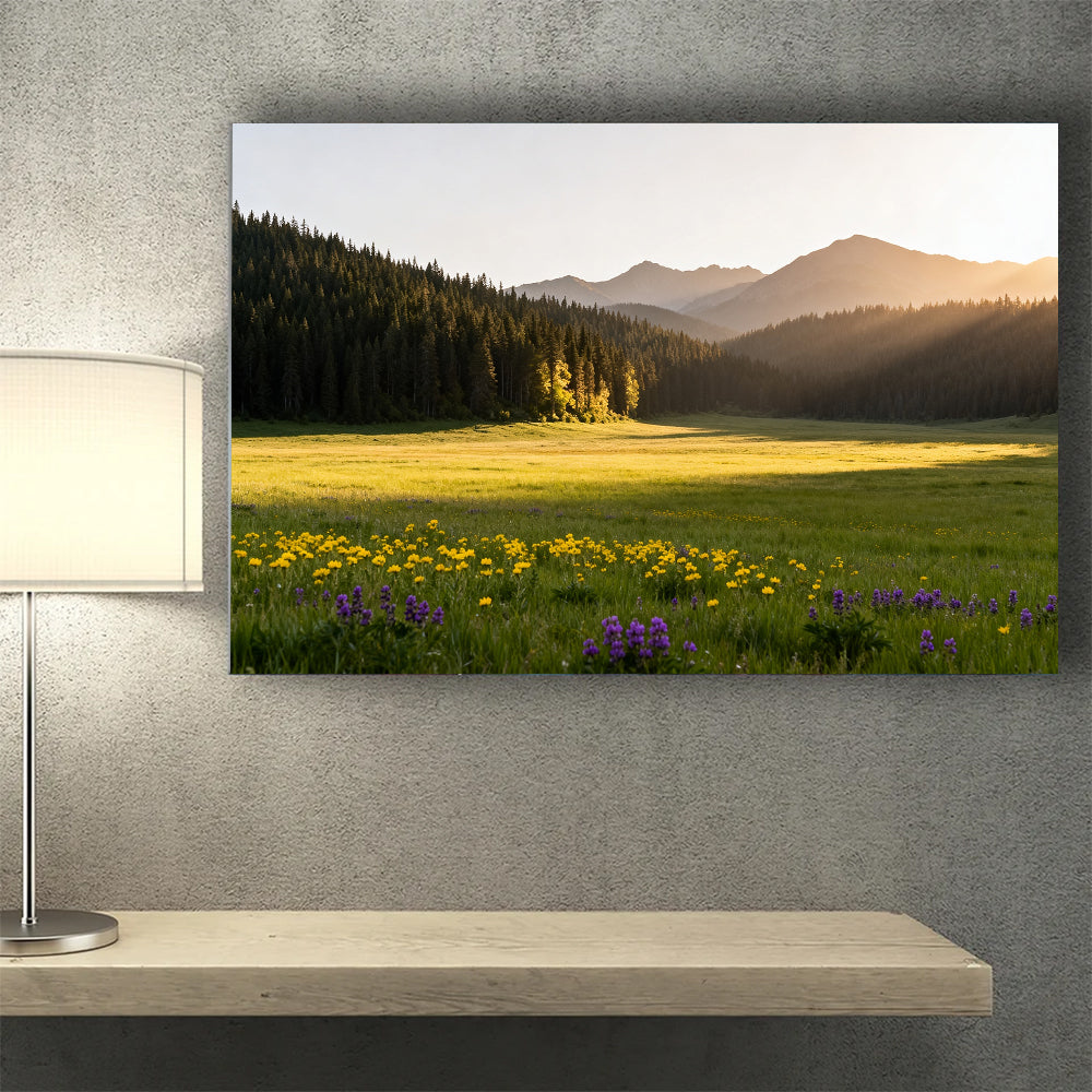 Sunlit Wildflower Clearing canvas wall art, wall mockup above a console.