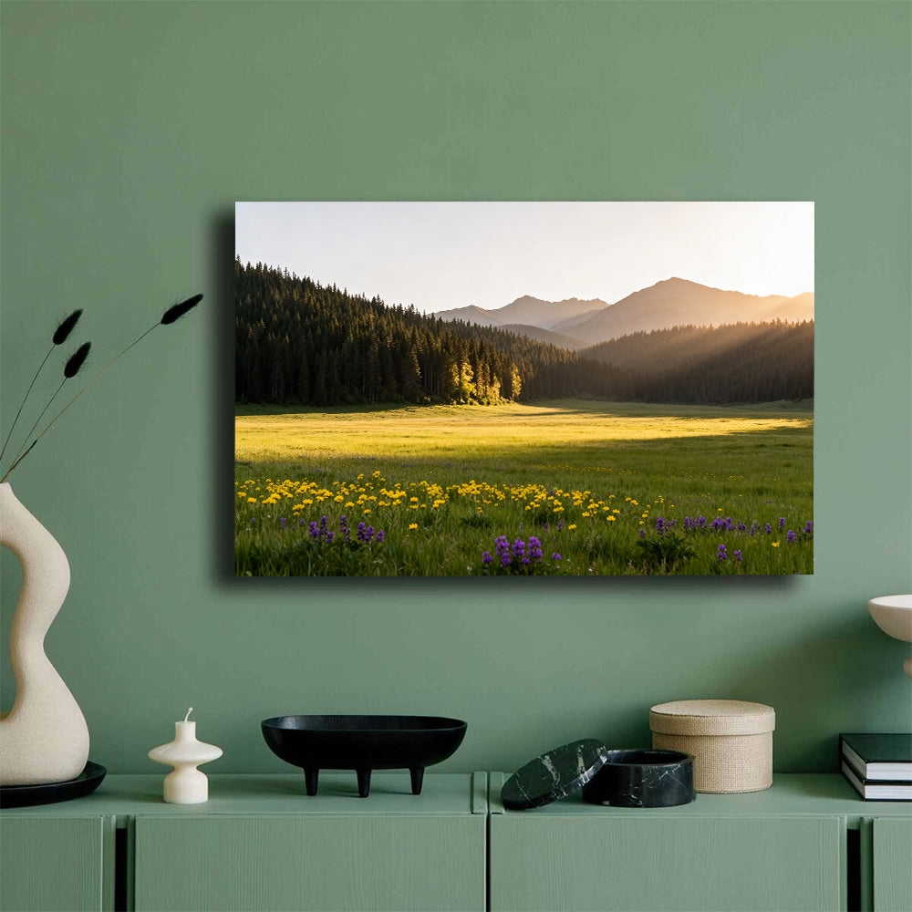 Sunlit Wildflower Clearing canvas wall art, mockup on a green wall.