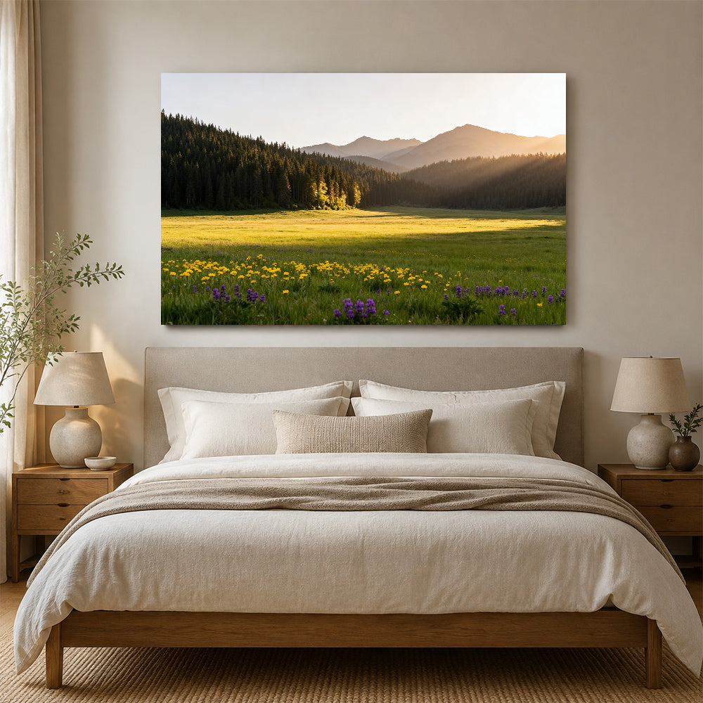 Sunlit Wildflower Clearing canvas wall art, bedroom mockup above a bed.