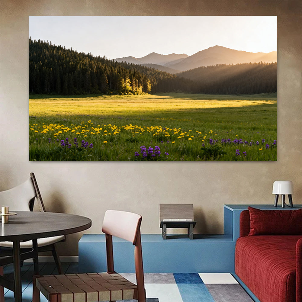 Sunlit Wildflower Clearing canvas wall art, colorful room mockup.