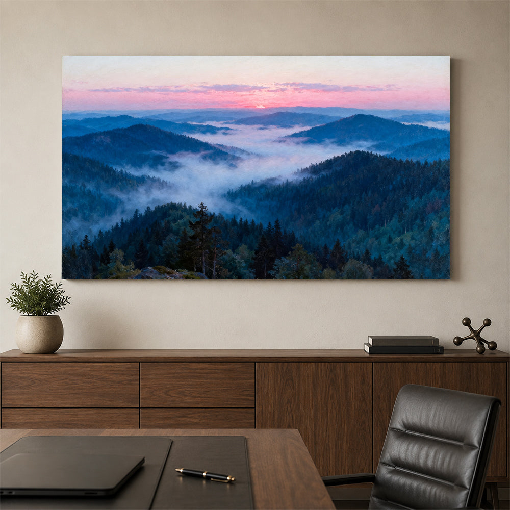 Rose Dawn Ridges canvas wall art, office mockup above a desk.