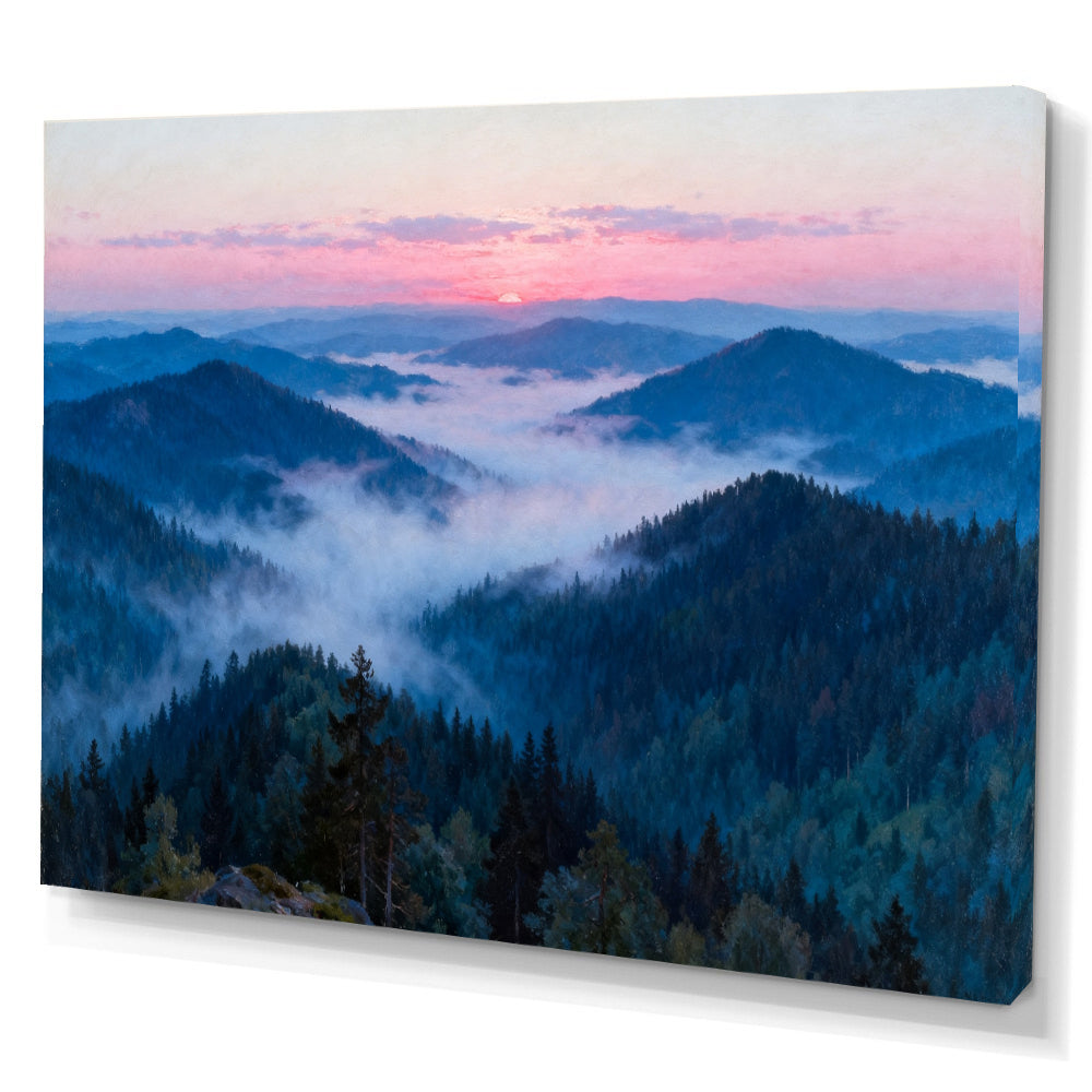 Rose Dawn Ridges canvas wall art, angled canvas mockup on a white background.