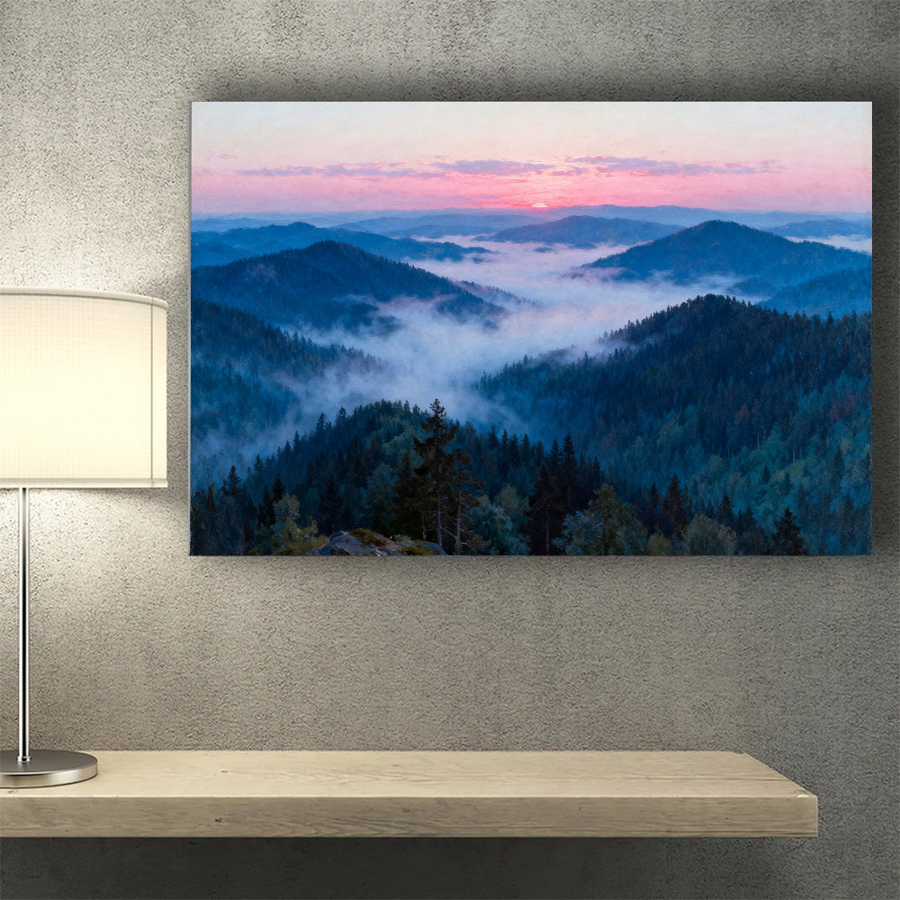 Rose Dawn Ridges canvas wall art, wall mockup above a console.