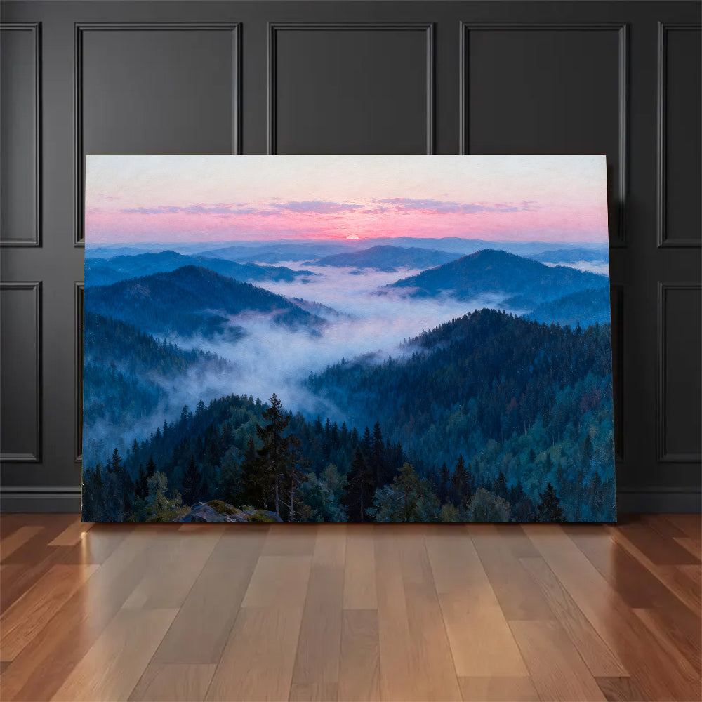 Rose Dawn Ridges canvas wall art, floor display against a dark wall.
