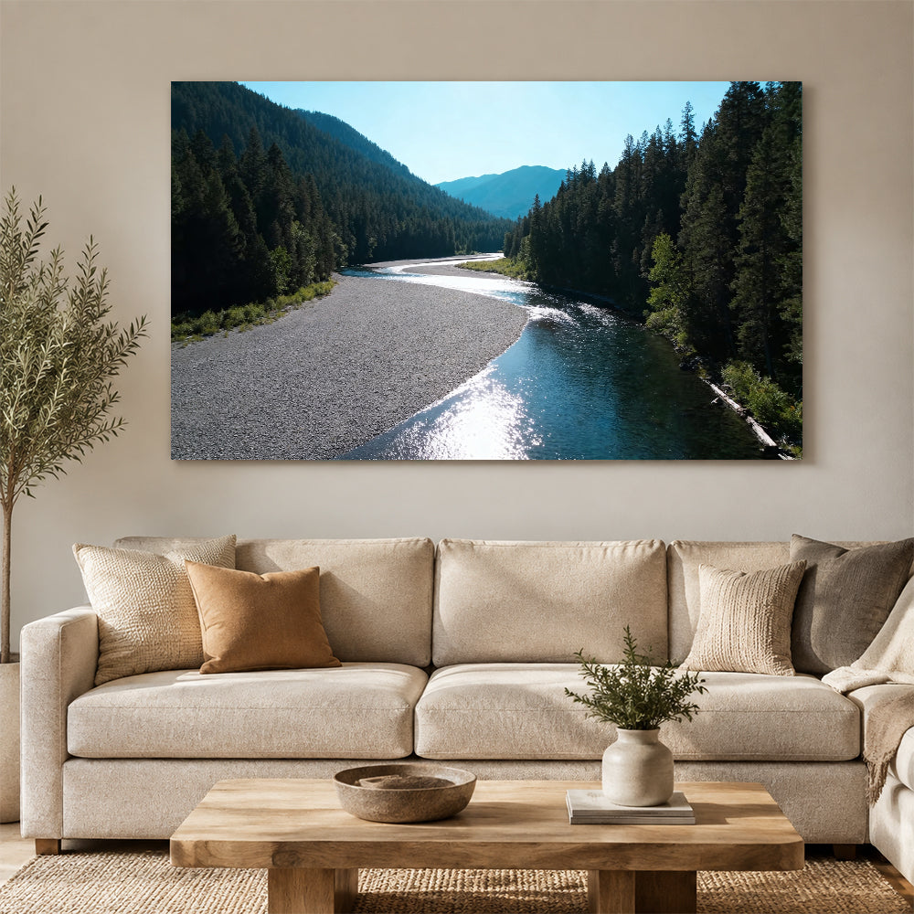 Silver River Passage canvas wall art, living room mockup above a sofa.
