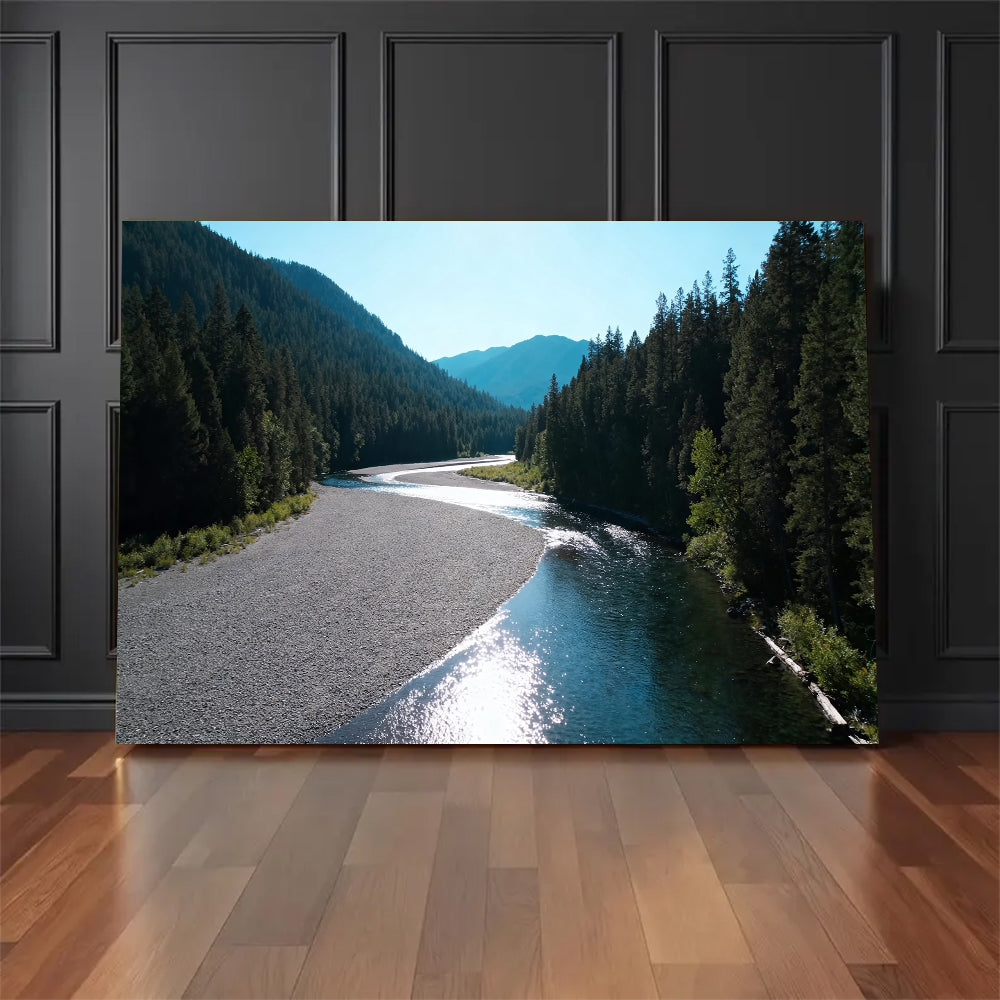 Silver River Passage canvas wall art, floor display against a dark wall.