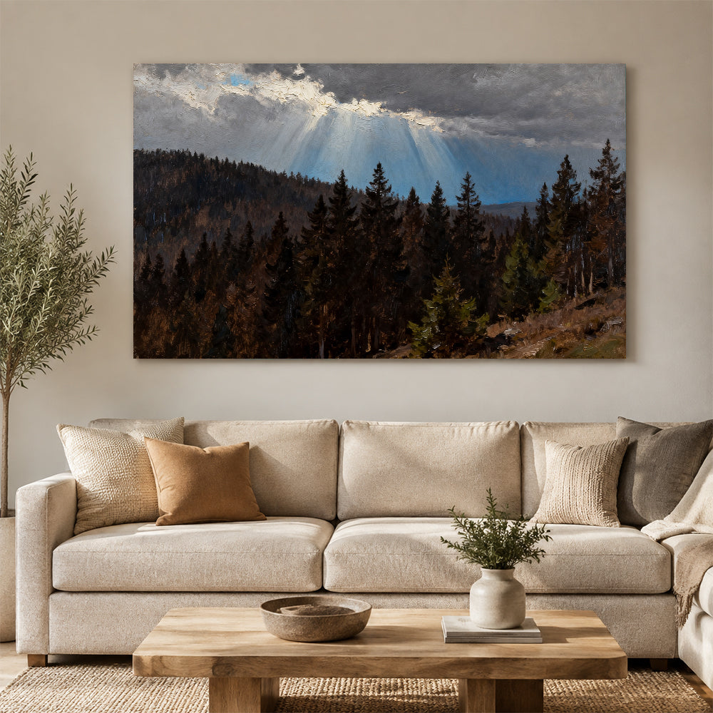 Light Through Stormclouds canvas wall art, living room mockup above a sofa.