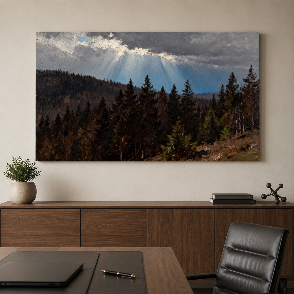 Light Through Stormclouds canvas wall art, office mockup above a desk.
