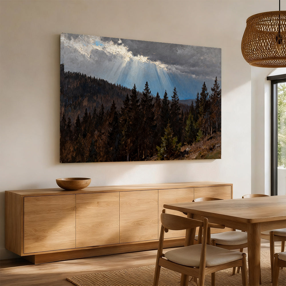 Light Through Stormclouds canvas wall art, angled mockup above a sideboard.